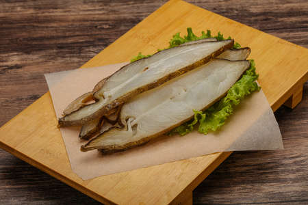 Delicous smoked halibut fish slices snack