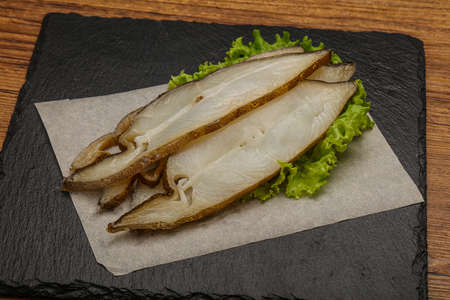 Delicous smoked halibut fish slices snack