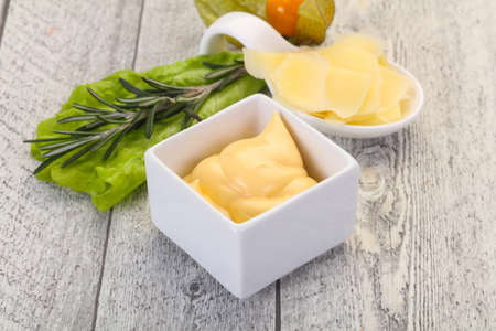 Cheese sauce in the bowl served sliced parmesanの写真素材