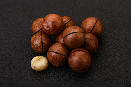 Brown closeup macadamia nut heap over backgroundの写真素材