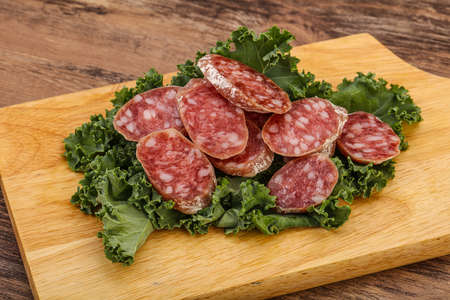 Iberian famous pork Fuet sausage slicesの写真素材