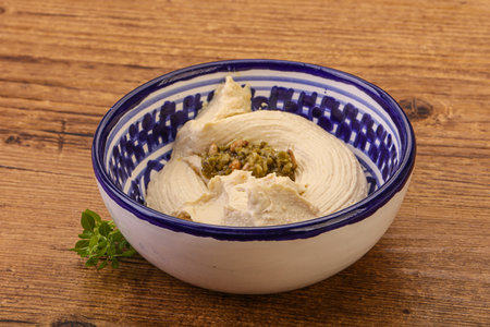Vegan food - hummus dip with olive oilの写真素材