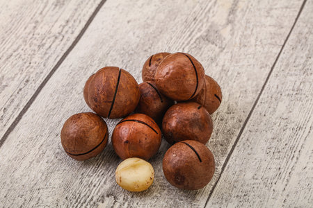 Brown closeup macadamia nut heap over backgroundの写真素材