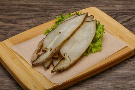 Delicous smoked halibut fish slices snackの写真素材