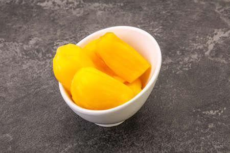 Canned Jackfruit snack in the bowlの写真素材