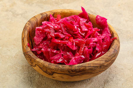 Marinated red cabbage with beetroot in the bowlの写真素材