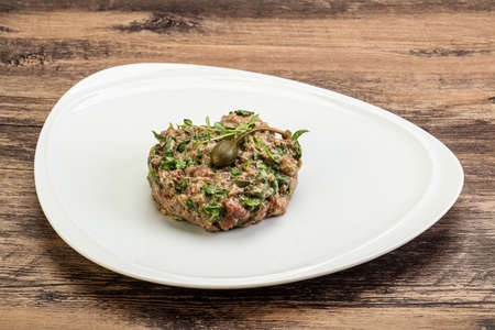 Raw beef tartar snack with capersの写真素材