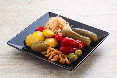 Vegetarian Plate with pickled vegetables and mushroomsの写真素材