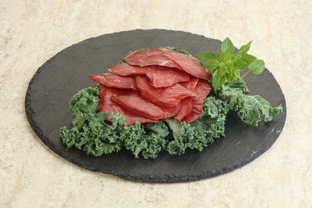 Sliced dried duck breast magret appetizerの写真素材