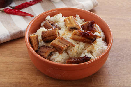 Roasred eel with steamed rice and sauceの写真素材