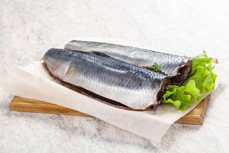 Marinated Herring fillet with skin for cookingの写真素材