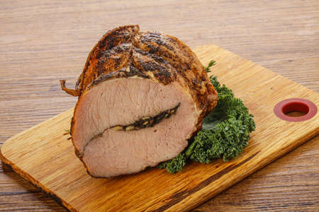 Smoked pork delicous snack appetizer over boardの写真素材