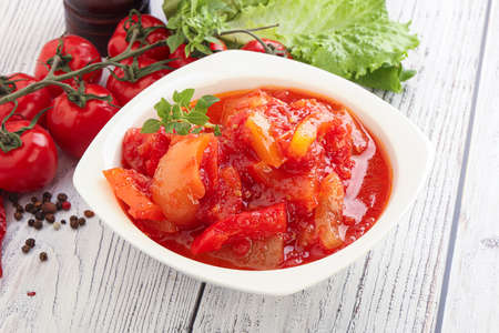 Hungarian lecho with tomato and paprika in sauce