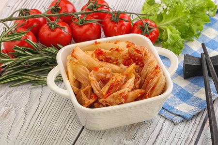Korean food - spicy Kimchi fermented cabbage with chiliの写真素材