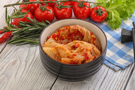Korean food - spicy Kimchi fermented cabbage with chiliの写真素材