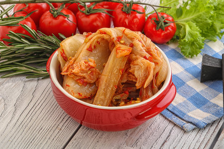 Korean food - spicy Kimchi fermented cabbage with chiliの写真素材