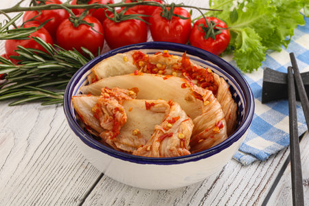 Korean food - spicy Kimchi fermented cabbage with chiliの写真素材