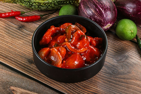 Asian cuisine - prawn in hot garlic sauce with vegetablesの写真素材