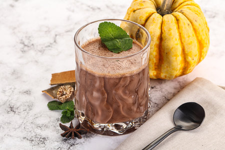 Sweet delicous chocolate mousse dessert served mintの写真素材
