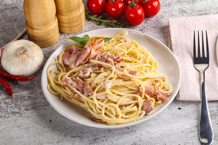 Italian pasta spaghetti Carbonara with baconの写真素材