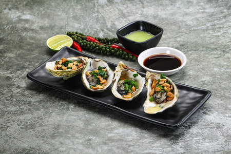 Open half oysters with green onion and peanutの写真素材