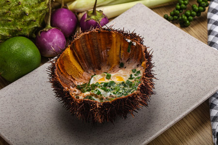 Delicious Grilled Sea Urchin with eggの写真素材