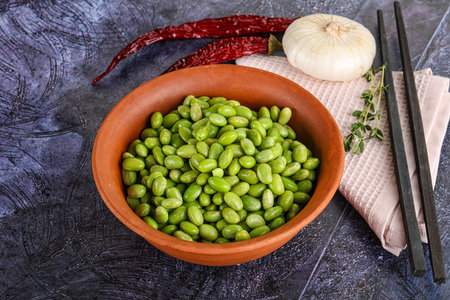 Bowl of delicious raw edamame beansの写真素材