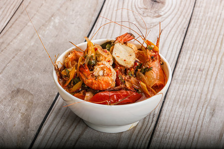 Thai traditional Tom Yum soup with prawn and coconutの写真素材