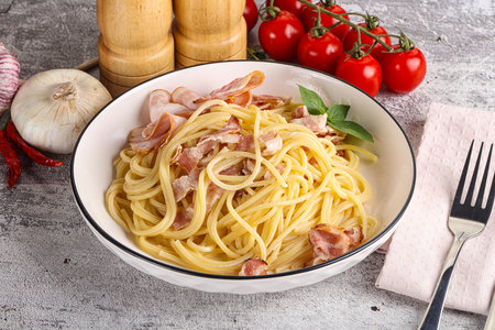 Italian pasta spaghetti Carbonara with baconの写真素材