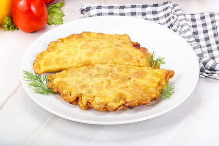 Homemade fried cheburek with beef meat