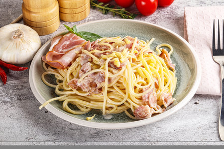 Italian pasta spaghetti Carbonara with baconの写真素材