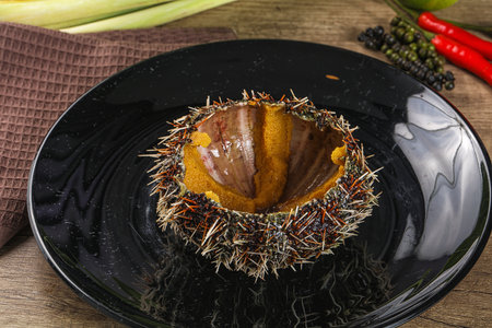 Delicous luxury raw sea urchin delicatessen