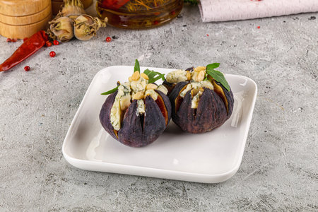 Fig with blue cheese and cedar nutの写真素材