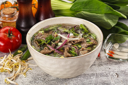 Vietnamese cuisine - Pho Bo soup with beef and noodleの写真素材