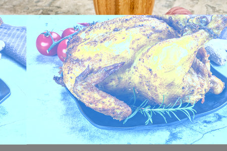 Homemade Grilled whole chicken with spices and herbsの写真素材