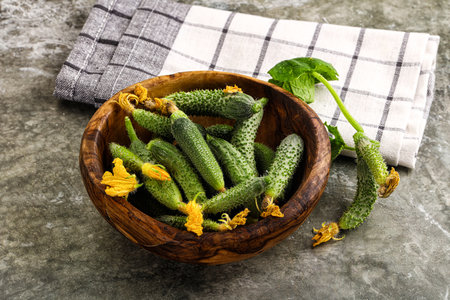Raw gherkin cucumbers in the bowl served leafの写真素材