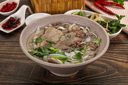 Vietnamese Pho Bo soup with beef, noodles, cilantro and spices