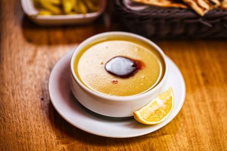 Turkish lentil cream spicy soup with lemonの写真素材