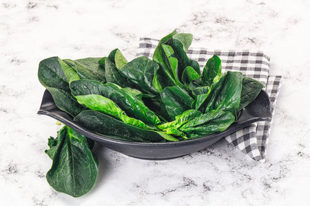 Ripe green spinach leaves heap in the bowlの写真素材