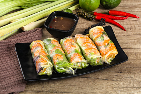 Vietnamese traditional spring roll with prawn and mango