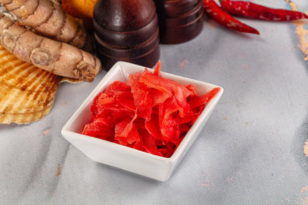 Pickled red ginger in the bowl for Japanese cuisineの写真素材