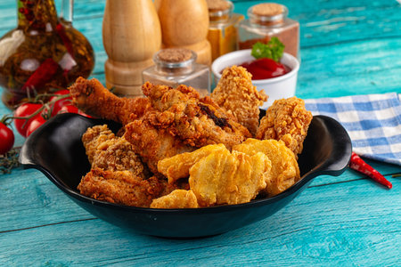 Golden crispy fried spicy chicken mix - wings, drumsticks, nuggets and stripsの写真素材