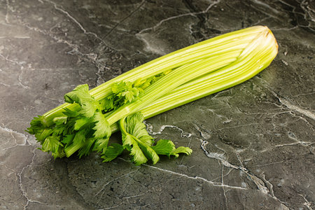 Raw green celery stem with leaves for cookingの写真素材