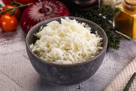 Indian cuisine Steamed basmati rice in the bowlの写真素材