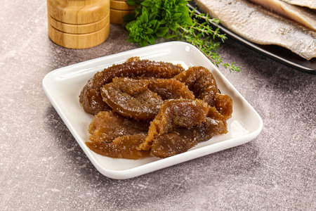 Salted Herring roe snack in the plate