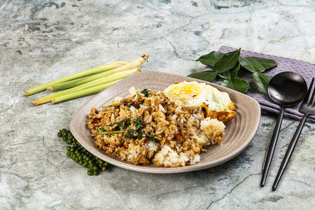Thai cuisine Rice with minced meat and basilの写真素材