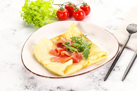 pancake with salmon fish for breakfastの写真素材