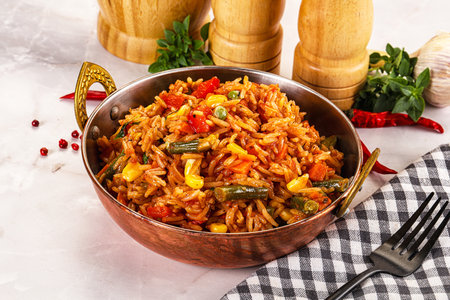 Mexican spicy rice with vegetables and cilantroの写真素材