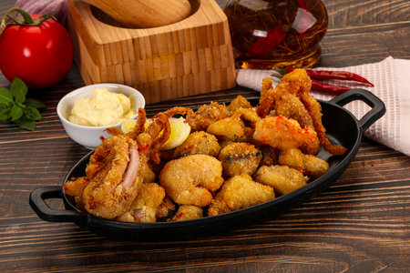 Fritto misto - deep fried seafood mix - calamari, prawn, fish, musselsの写真素材