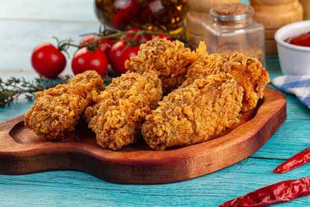 Golden crispy fried spicy chicken wingsの写真素材